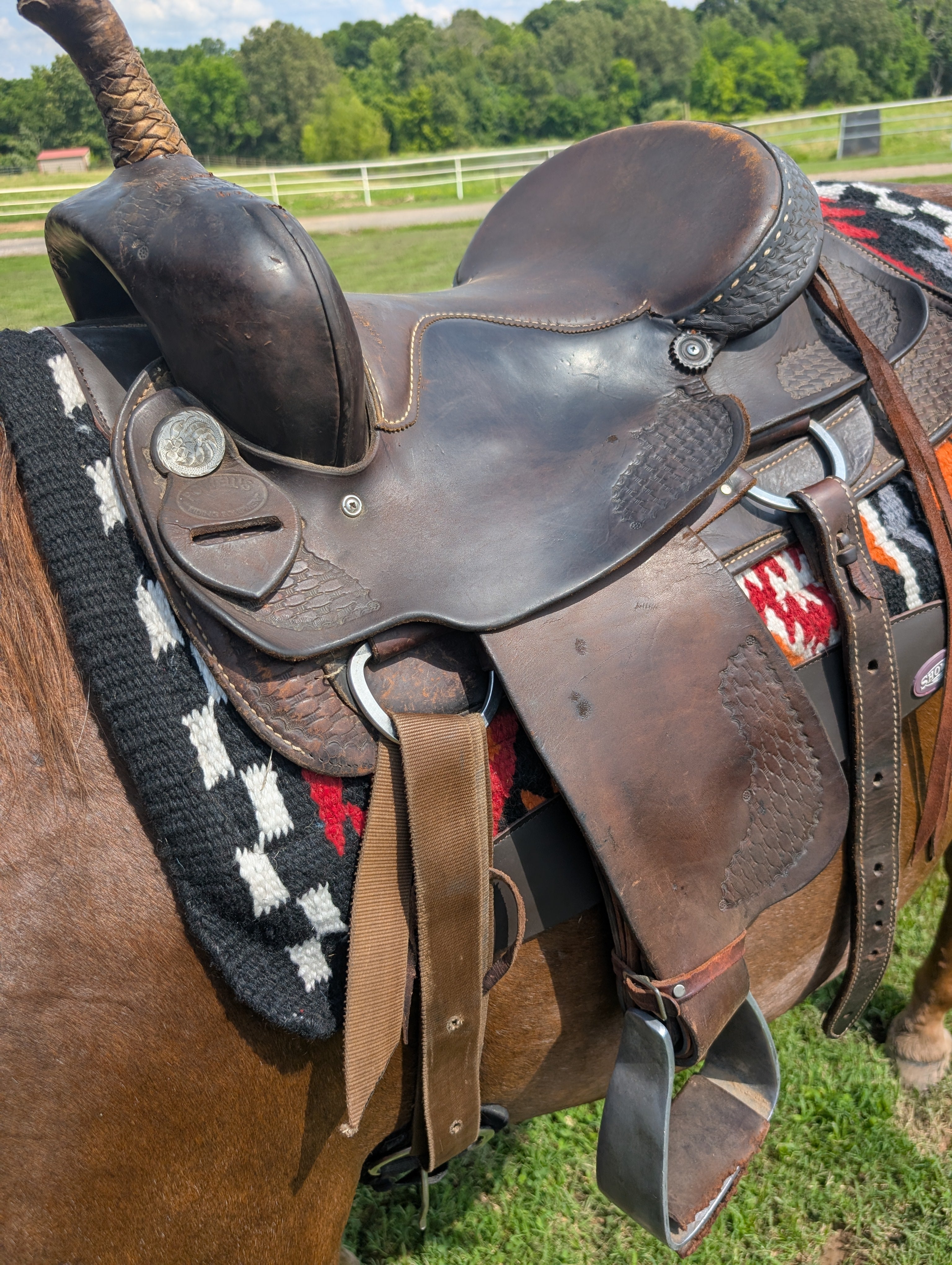 Brown saddle on a horse with a colorful blanket in an outdoor setting