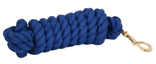 Blue braided rope with a gold clasp on a white background
