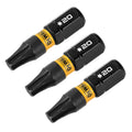 Three DEWALT drill bits with black and yellow design on a white background