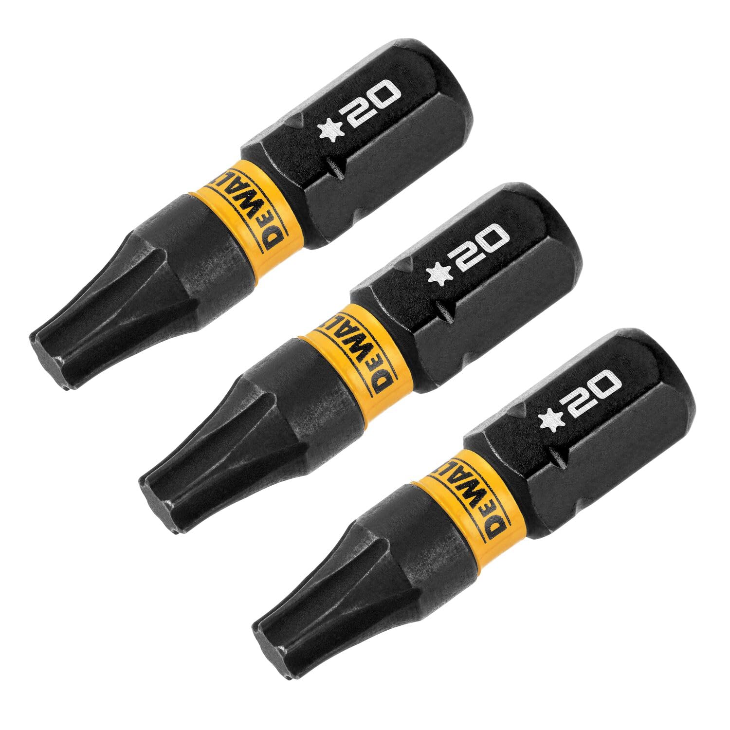 Three DEWALT drill bits with black and yellow design on a white background
