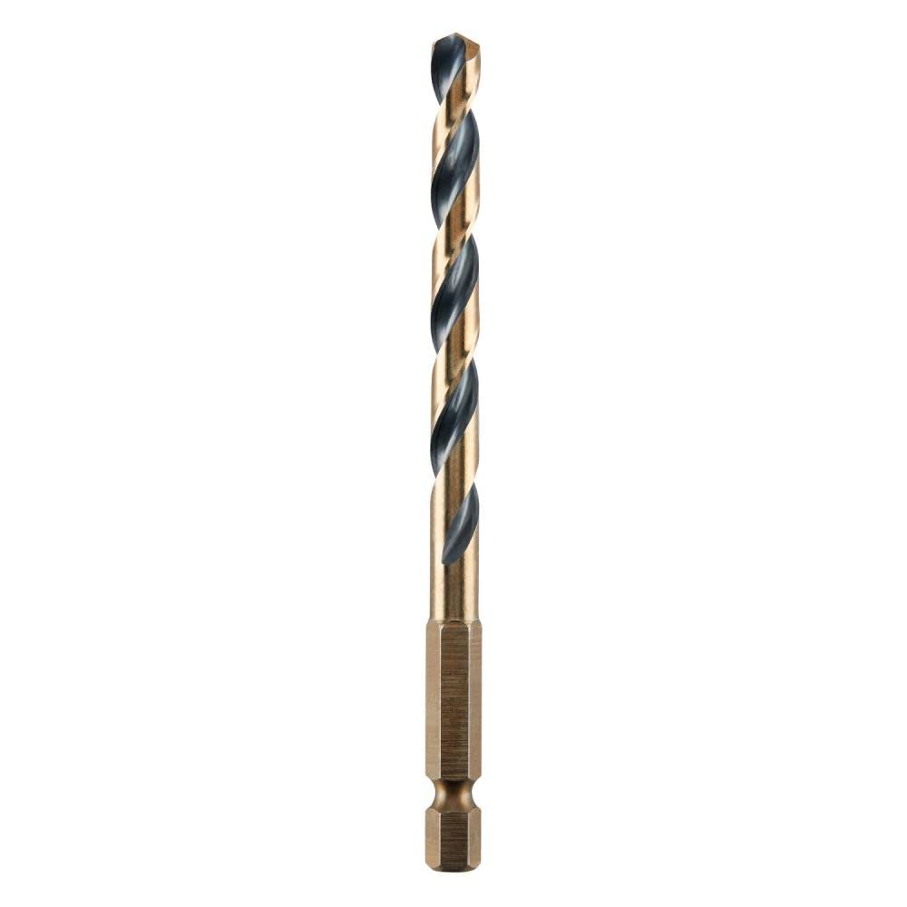 Drill bit with gold and black finish on a white background