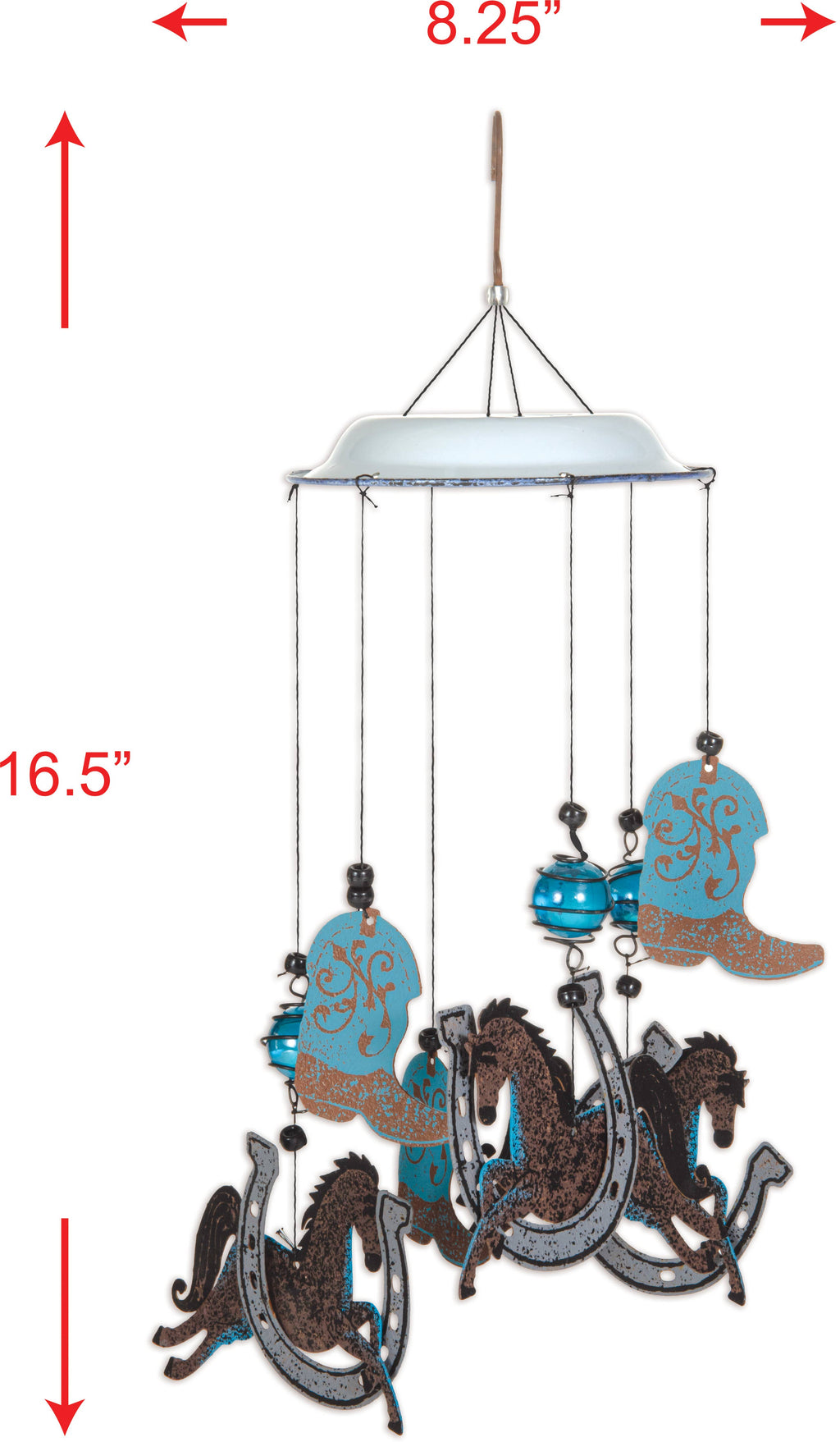 A hanging wind chime with horse and horseshoe motifs, showing dimension arrows and labels indicating 8.25 inches wide, 16.