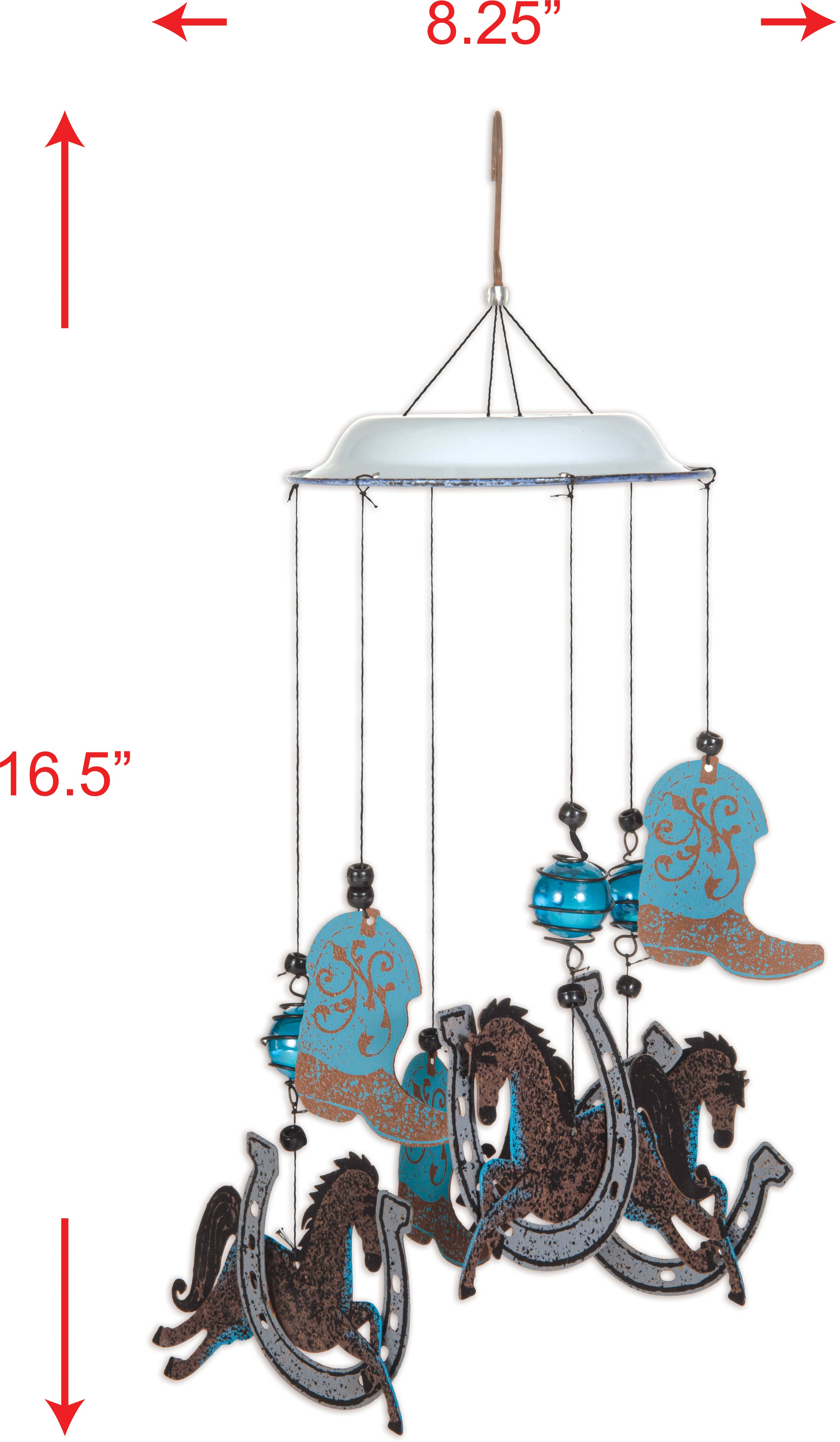A hanging wind chime with horse and horseshoe motifs, showing dimension arrows and labels indicating 8.25 inches wide, 16.