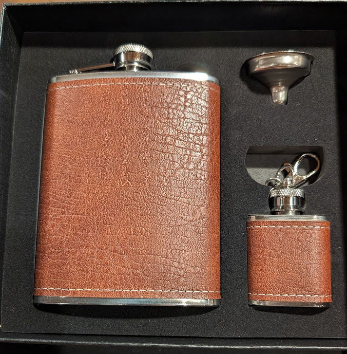 Leather flask gift set with funnel