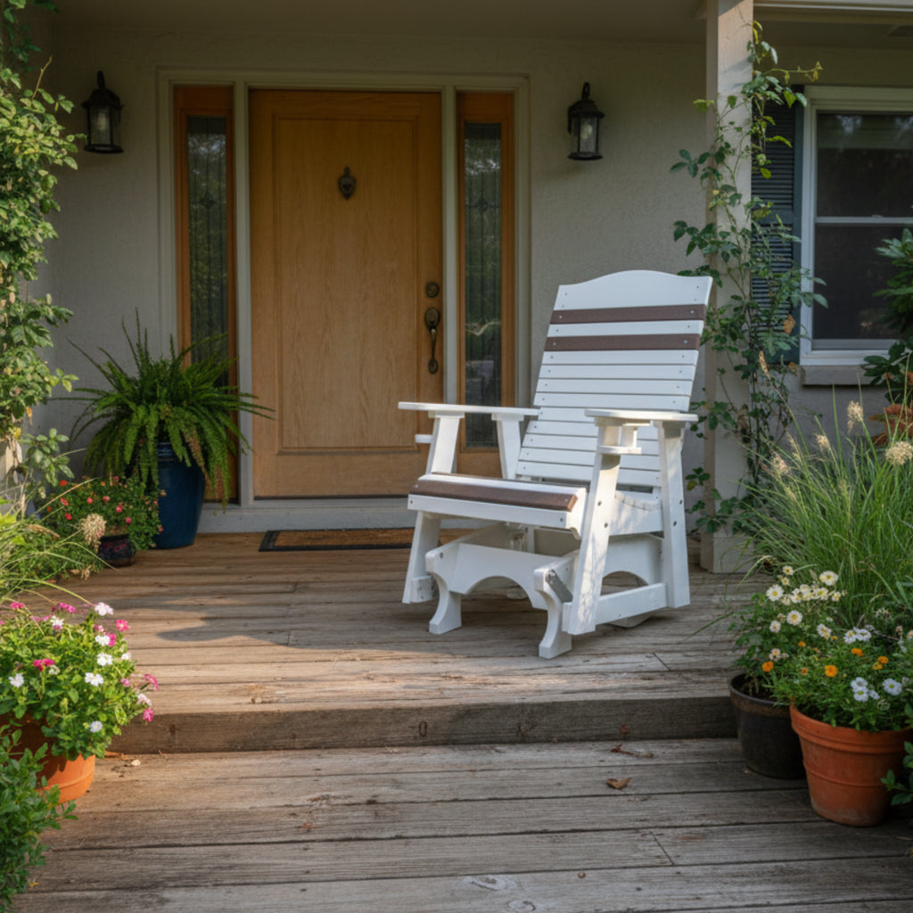 A Single Poly Glider in the Comfy Style on the front porch of a home.