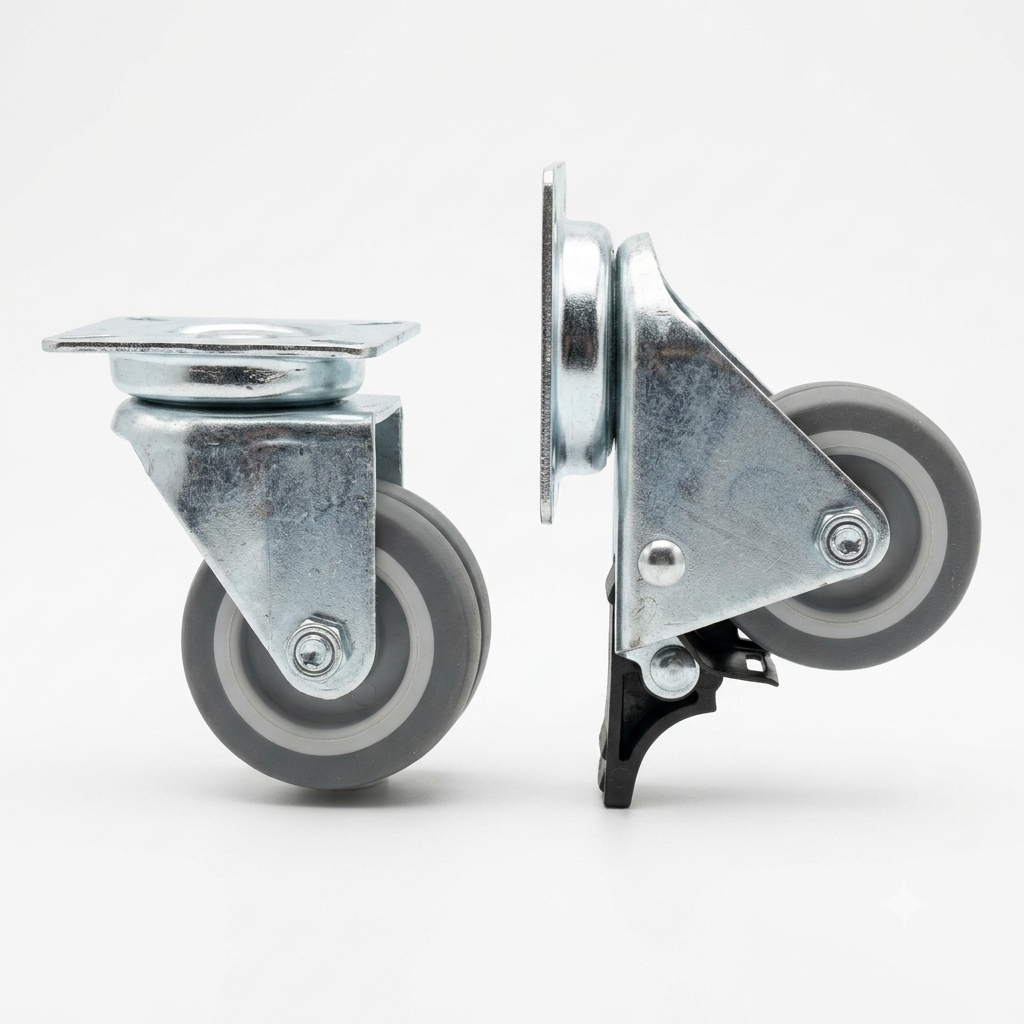 Two industrial caster wheels showing one from the front and one from the side profile, featuring galvanized steel housings and gray rubber tires.