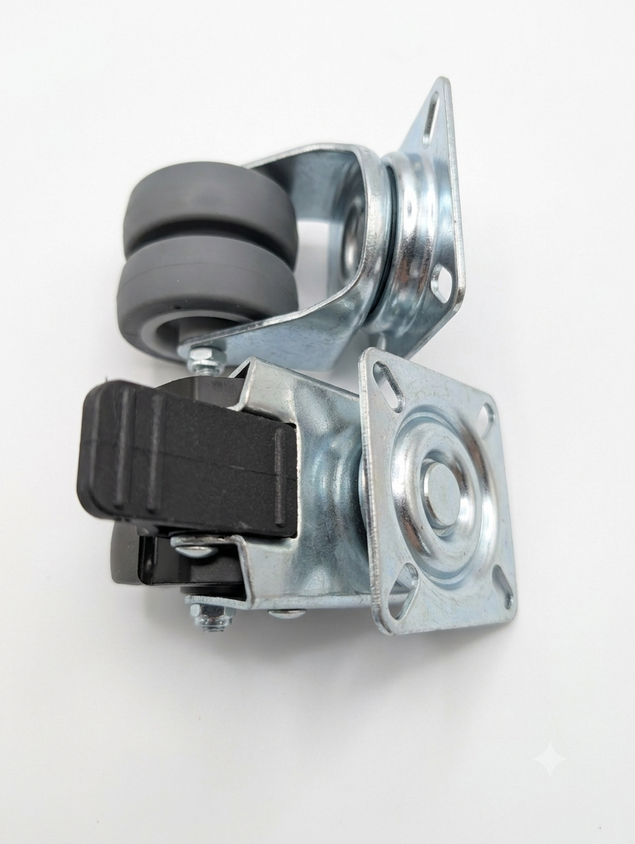 A heavy-duty swivel caster wheel with a galvanized steel mounting bracket, a gray dual-wheel wheel assembly, and a black pedal brake.
