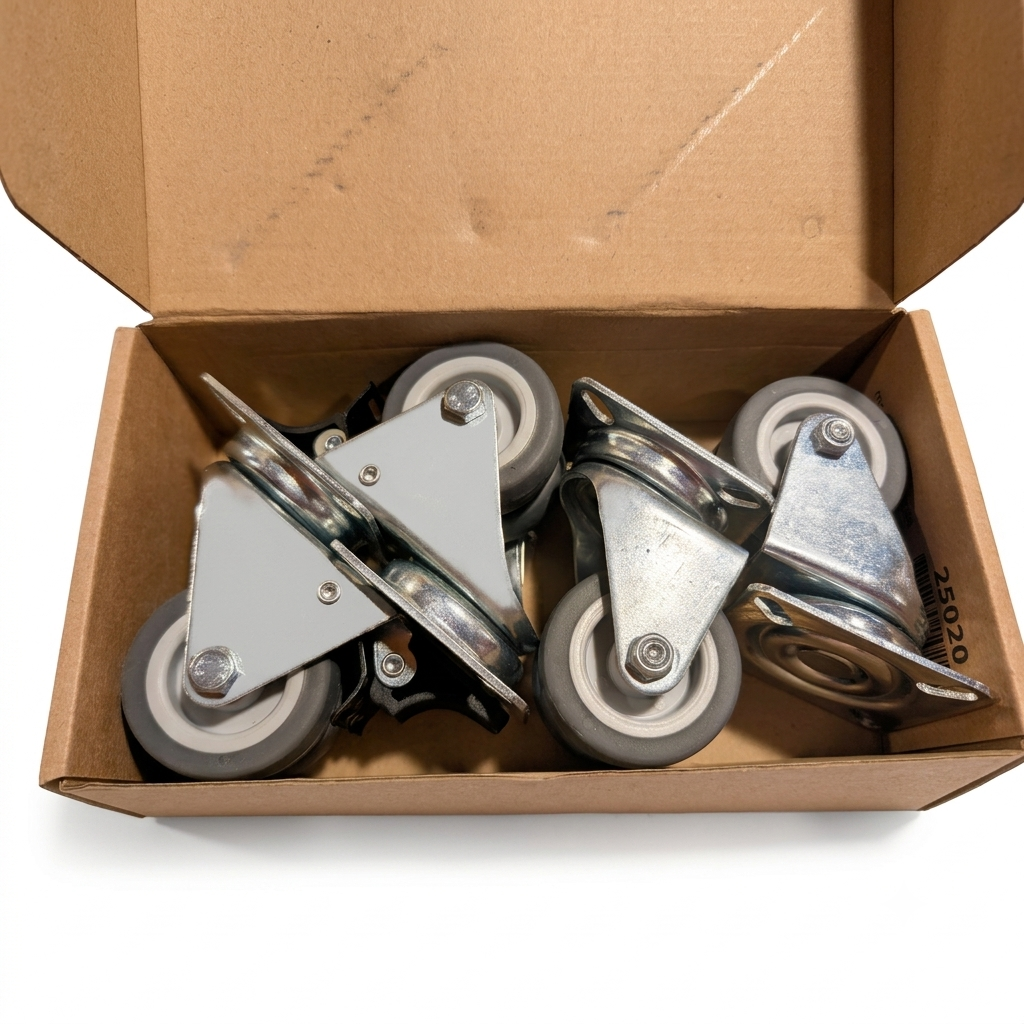 Four industrial caster wheels with gray rubber tires and silver metal swivel housings, shown inside an open brown cardboard box .