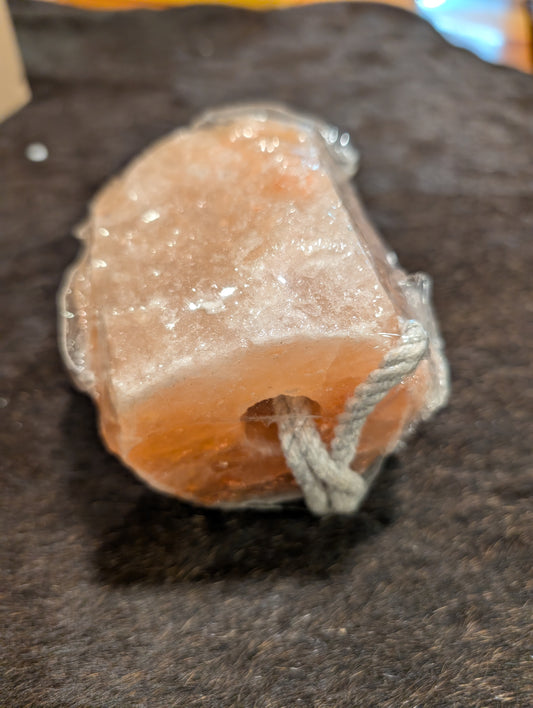 2.2 lb Himalayan salt lick on a rope for horses and livestock, naturally mineral-rich and easy to hang.