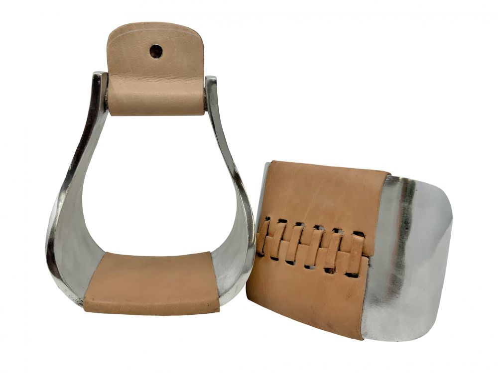 Pair of horse stirrups with brown leather straps on a white background