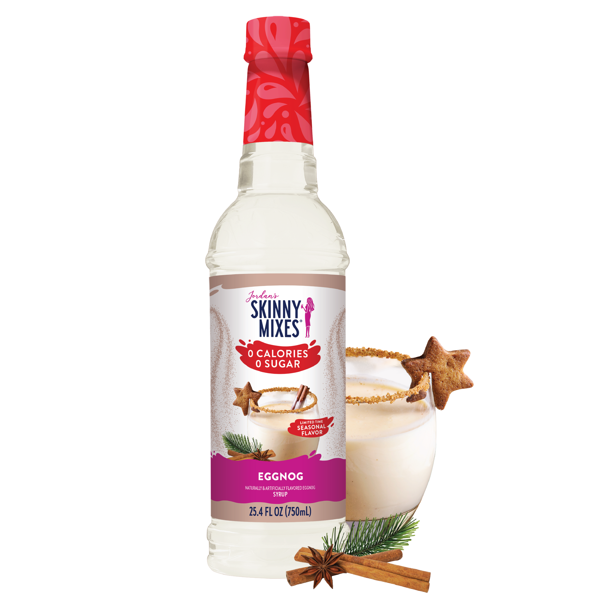 Bottle of Skinny Mixes Eggnog flavor syrup with a white background