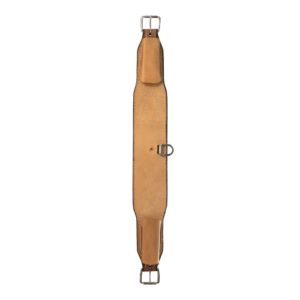 Tan leather girth strap on a white background