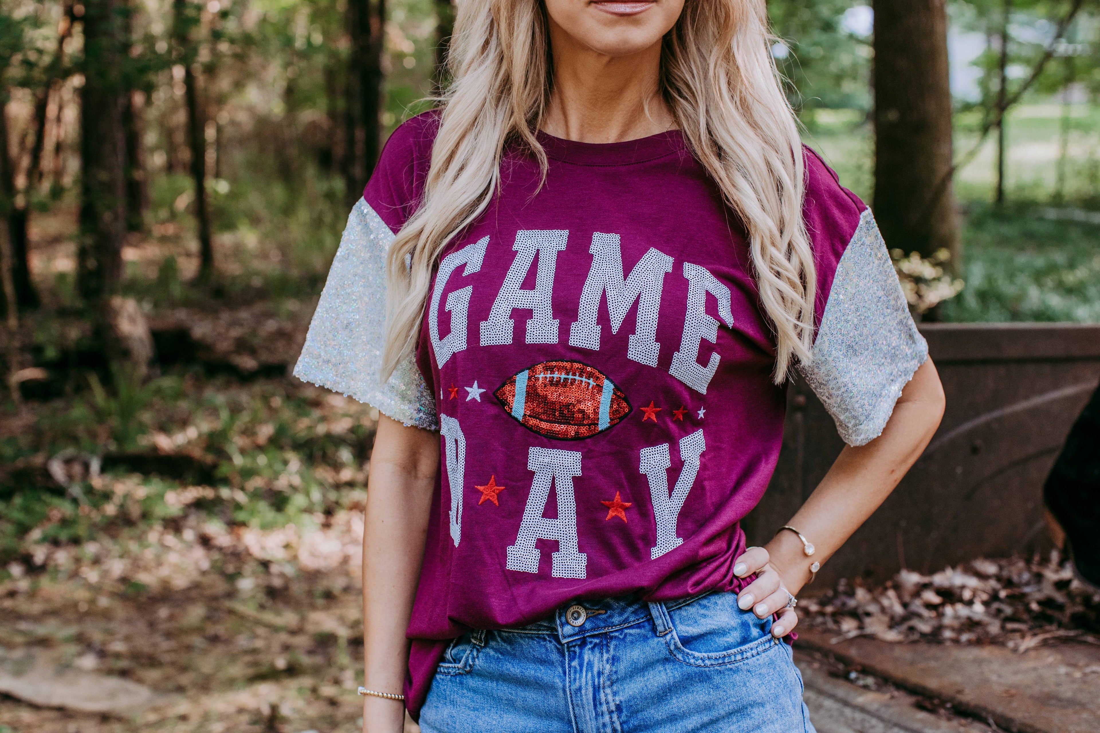 Women’s Sequins Embroidery Game Day Shirt – Burgundy Sequin Sleeve Tee