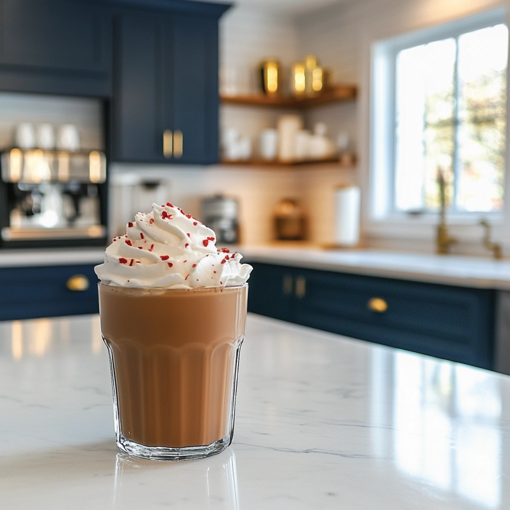 Glass of hot chocolate with whipped cream on a kitchen counter
