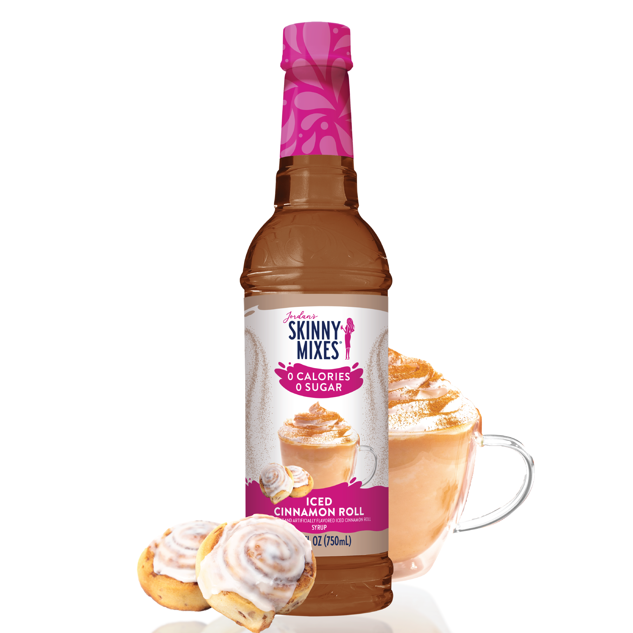 Bottle of Skinny Mixes iced cinnamon roll syrup with a cup of coffee and cinnamon rolls on a white background