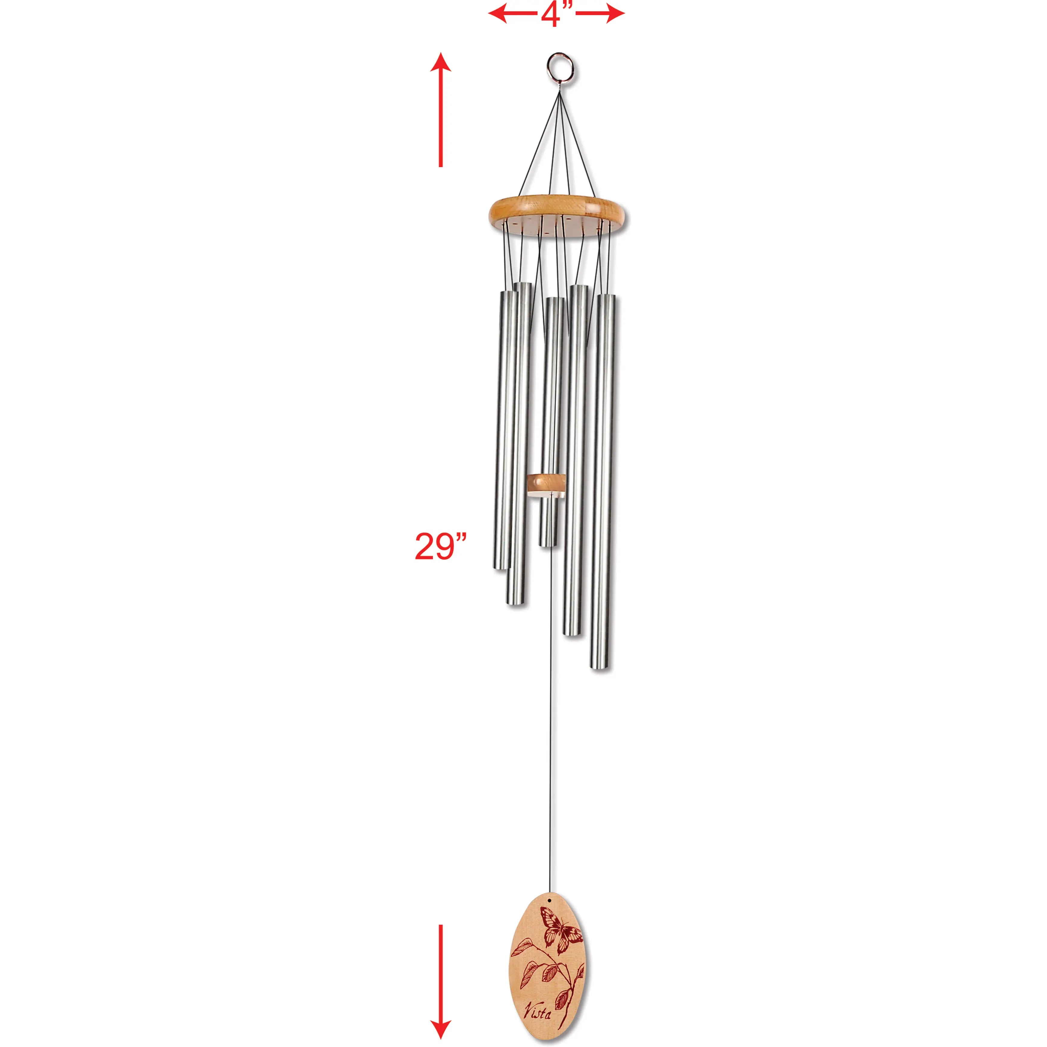 Silver windchime showing the measurements
