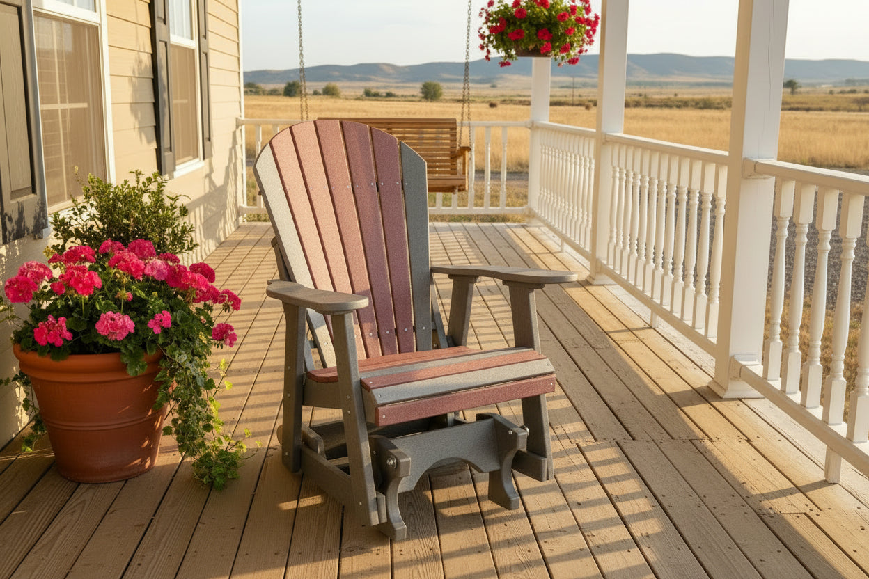 Poly Glider grey and red on a front porch setting.