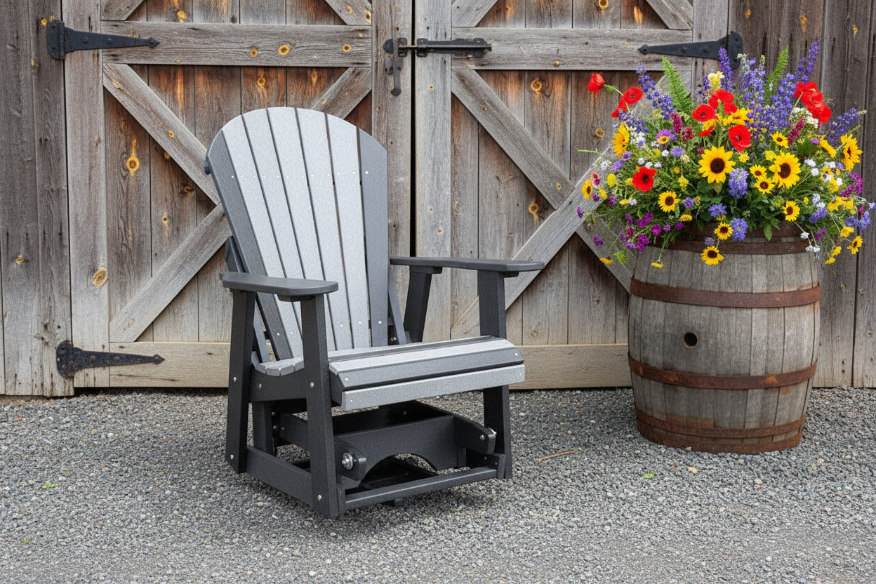 2' Swivel Glider Black and Grey in front of a barn