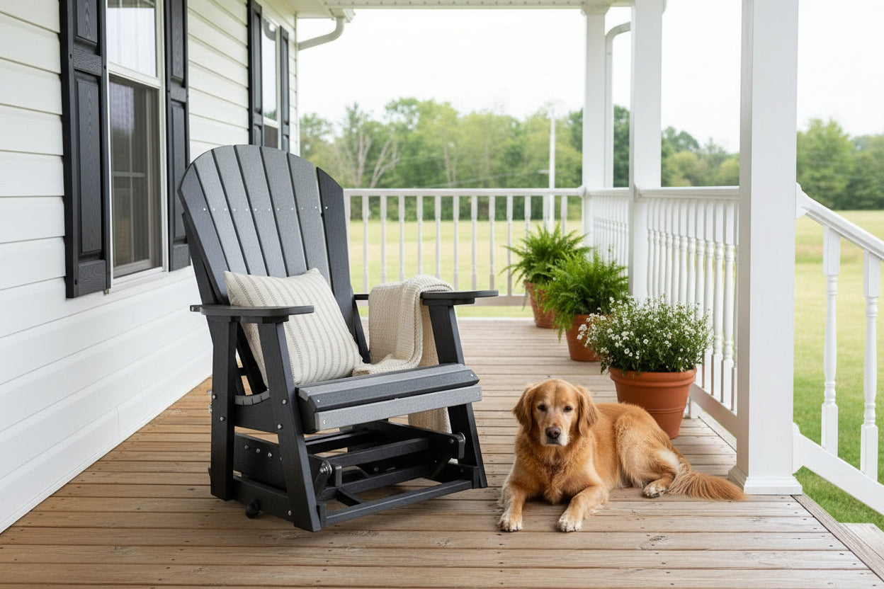2' Swivel Glider Black and Grey on a porch with a dog and flowers