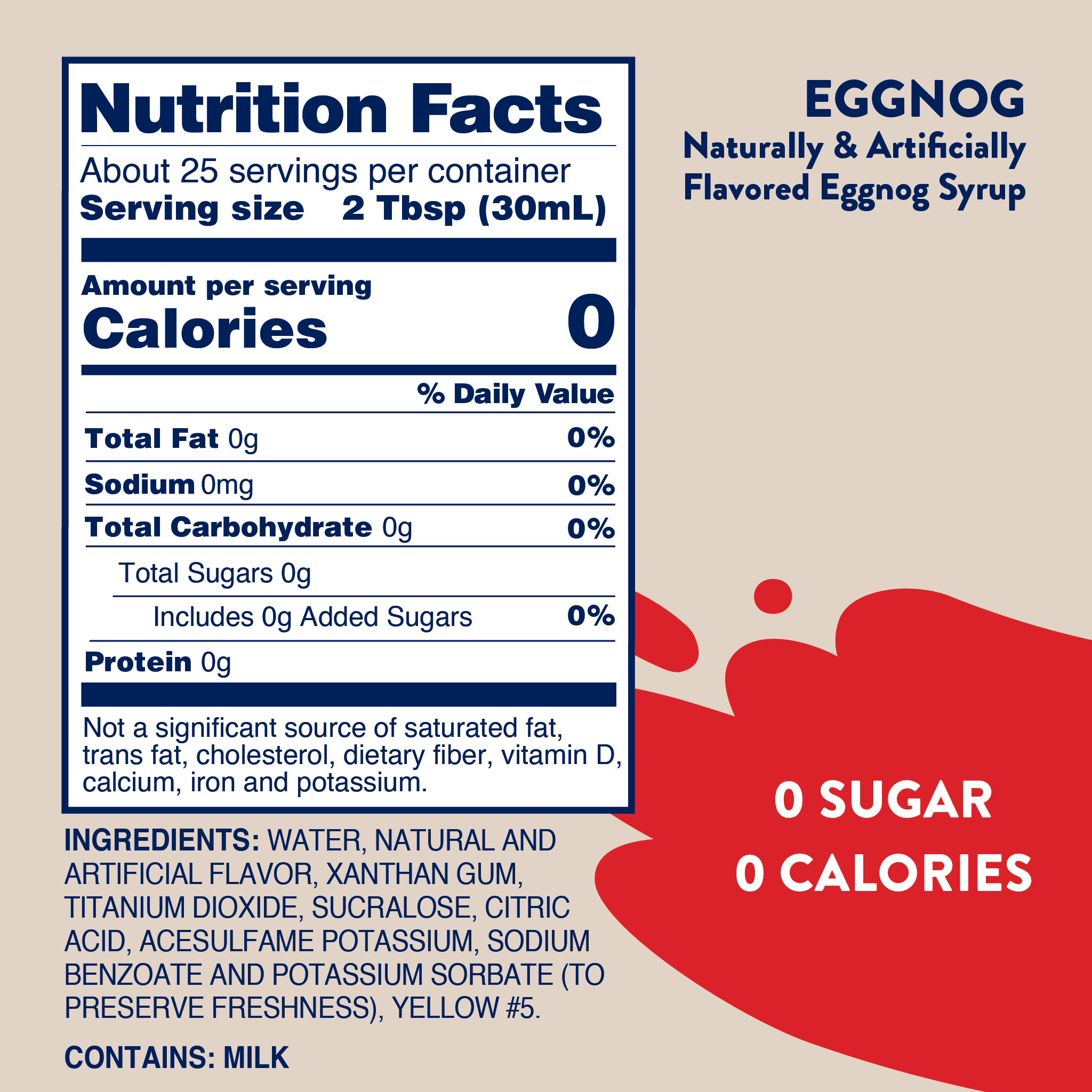 Nutrition facts label for eggnog syrup with a red syrup splash graphic on a beige background.
