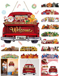 Close-up of 12 colorful interchangeable holiday icons for wooden seasonal sign