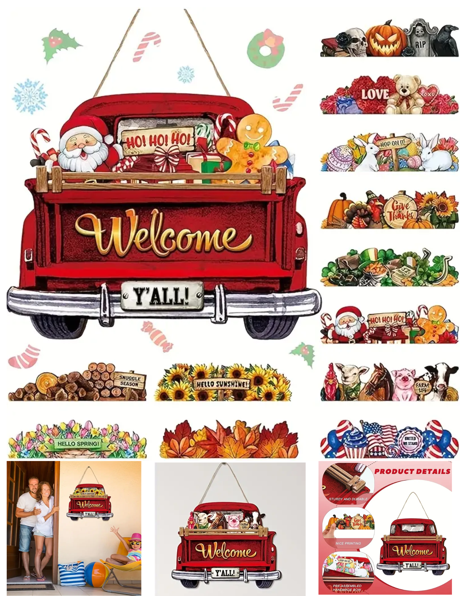 Close-up of 12 colorful interchangeable holiday icons for wooden seasonal sign
