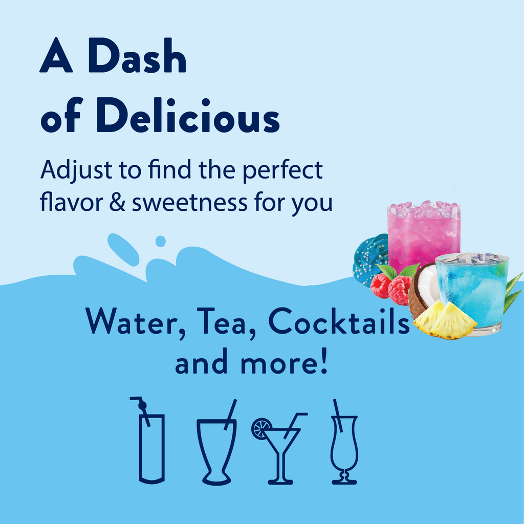Promotional graphic for a product that adjusts flavor and sweetness, with images of drinks on a blue background.