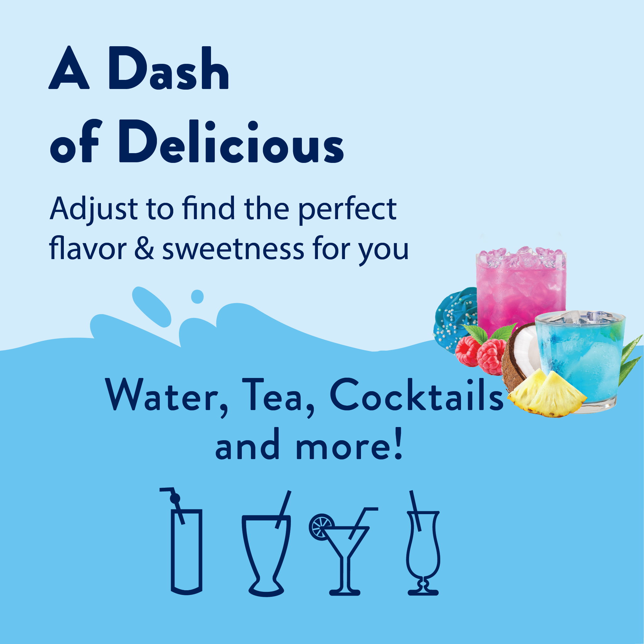 Promotional graphic for a product that adjusts flavor and sweetness, with images of drinks on a blue background.