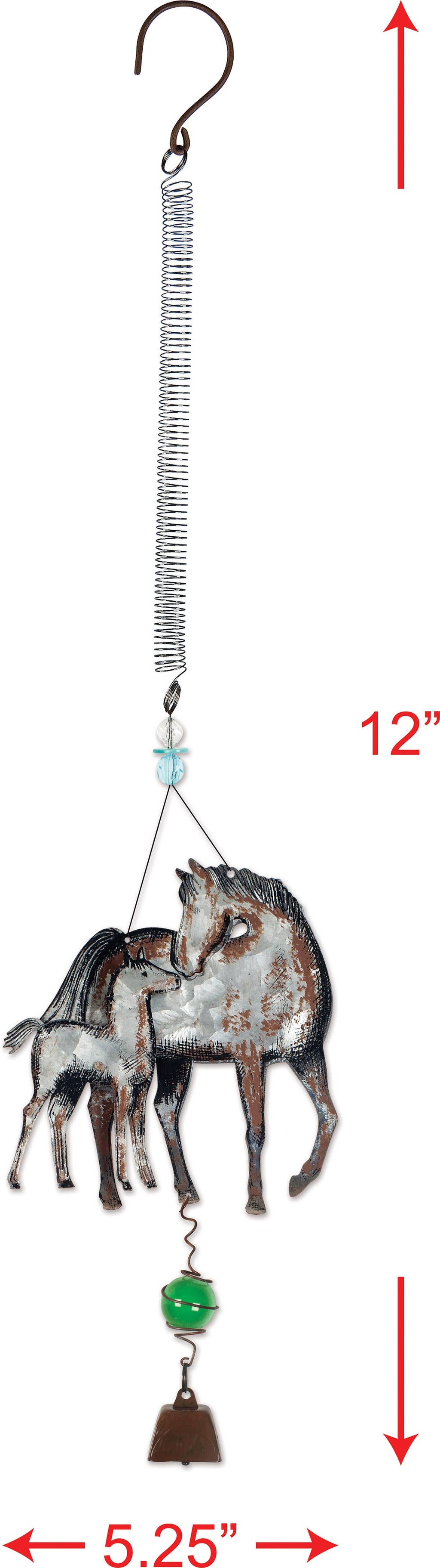 A hanging horse figurine ornament with a metal hook at the top, a long coiled spring, a distressed silver horse, a small green bead, and a brown bell at the bottom.  Text show 12 inches height and 5.