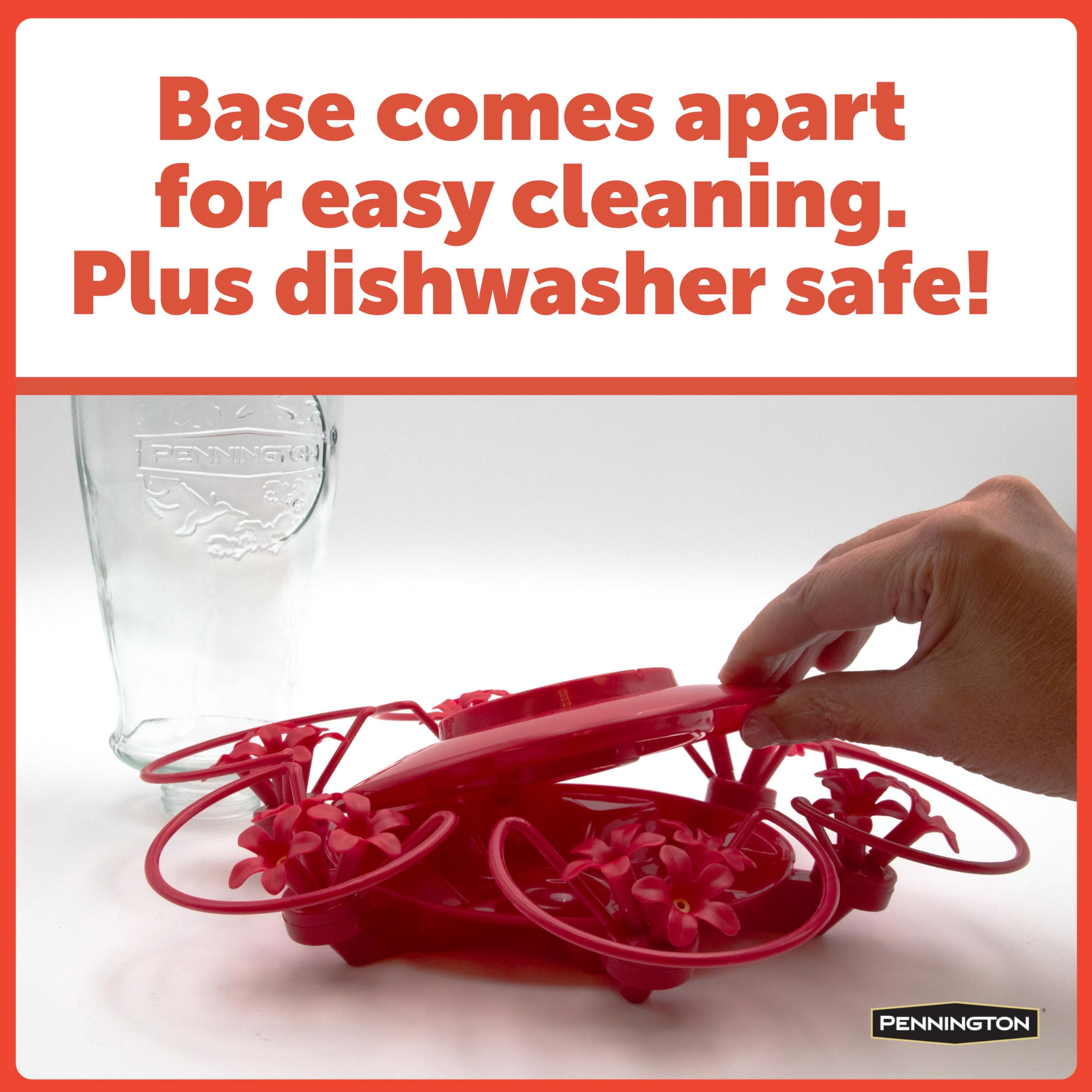Red floral-shaped product with a hand lifting a component, text about base cleaning and dishwasher safety