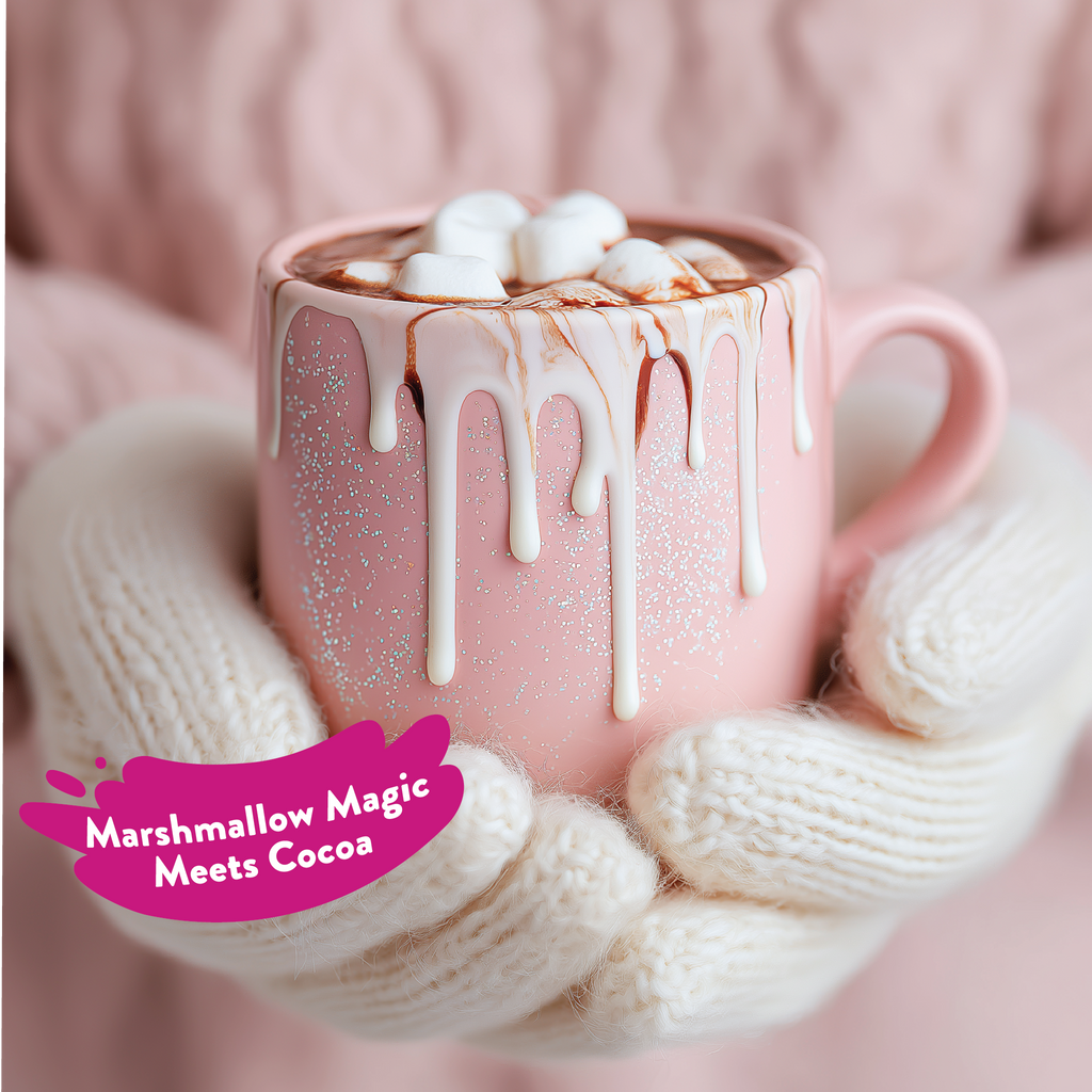 Pink mug with hot chocolate and marshmallows held in white knit sleeves, with 'Marshmallow Magic Meets Cocoa' text.