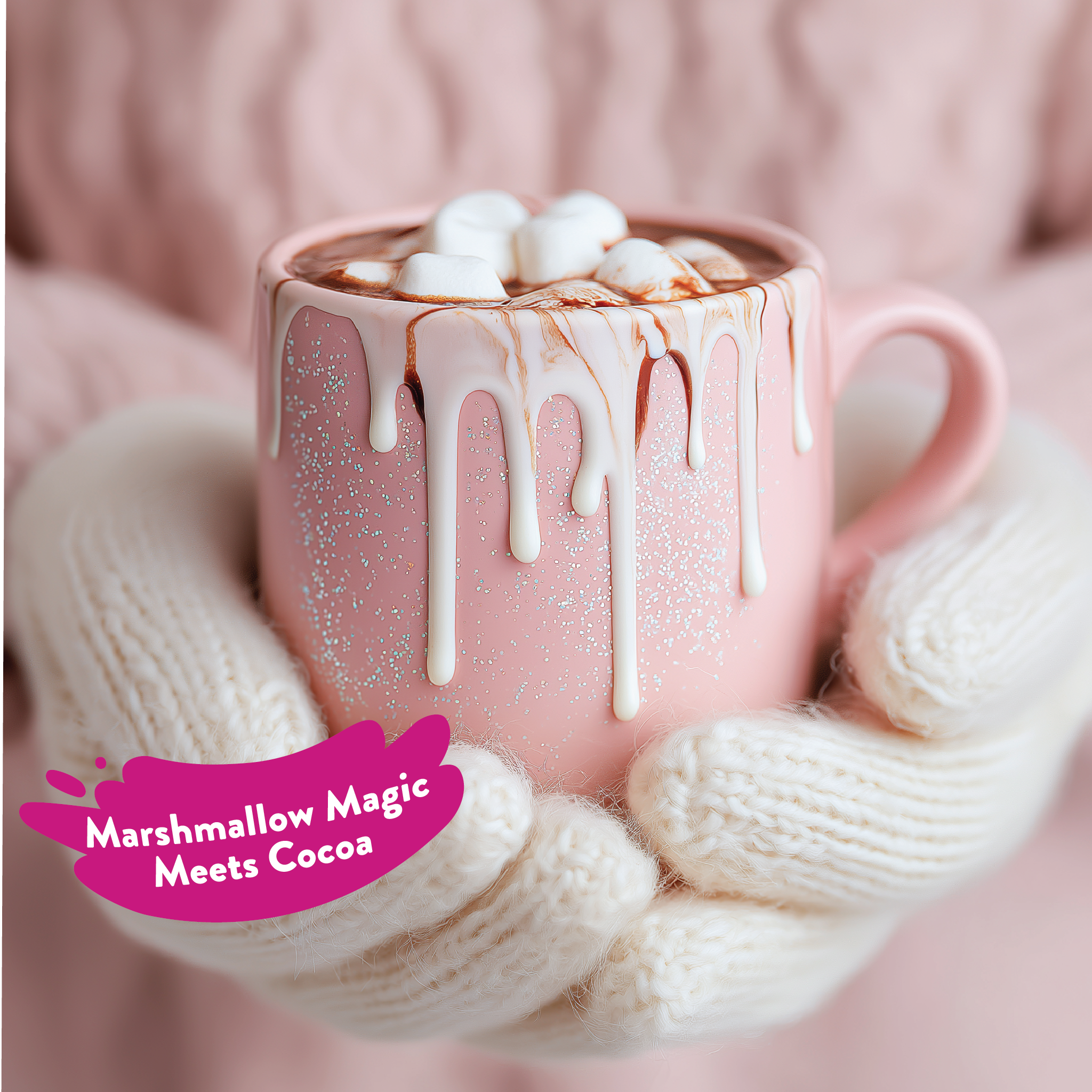 Pink mug with hot chocolate and marshmallows held in white knit sleeves, with 'Marshmallow Magic Meets Cocoa' text.