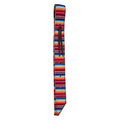 A patterned off billet strap with leather ties, featuring a colorful geometric design.