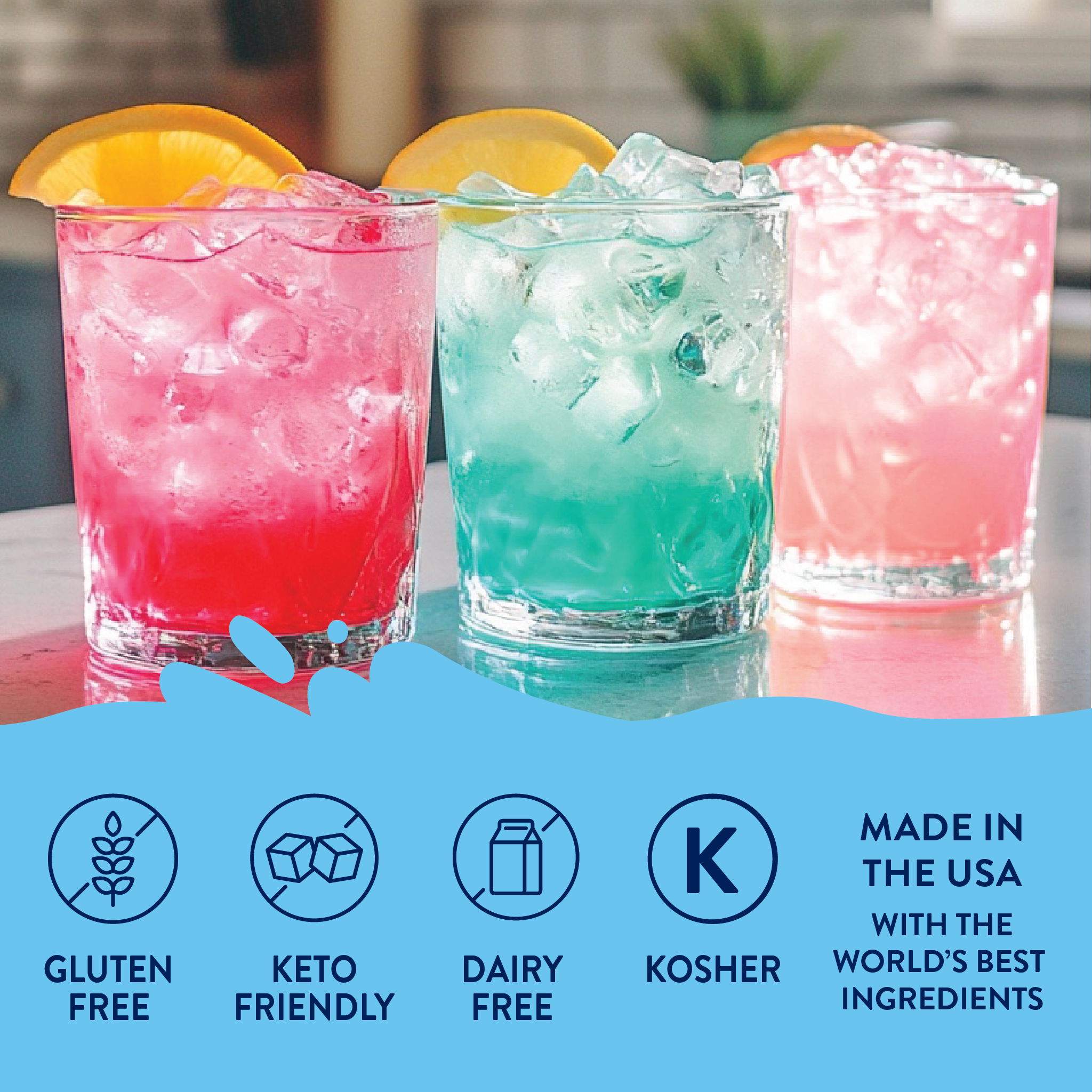 Three colorful cocktails with ice in glasses, featuring gluten-free, keto-friendly, dairy-free, kosher, and made in the USA icons.