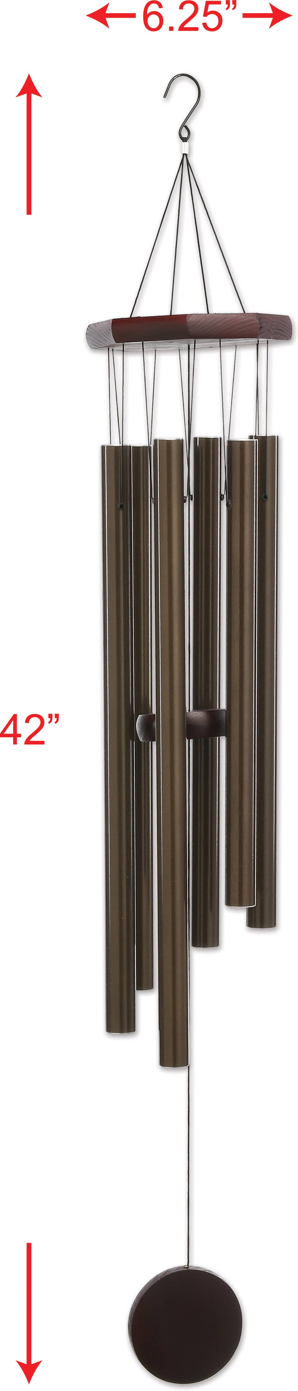 Bronze wind chime with measurements indicated on a white background