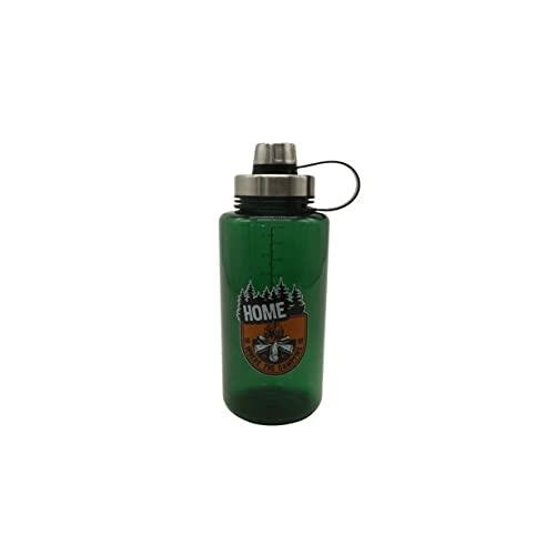 Ozark Trail 32oz green water bottle with campfire design standing upright on a picnic table.