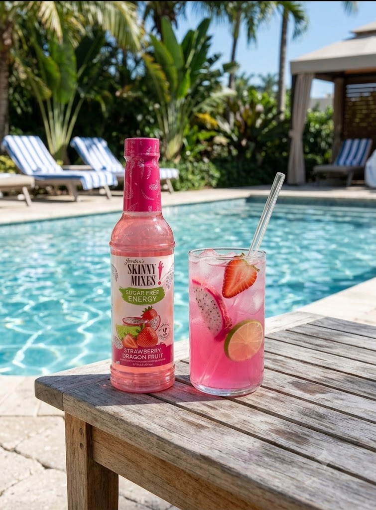 Skinny Mixes strawberry dragon fruit drink bottle and glass by a poolside