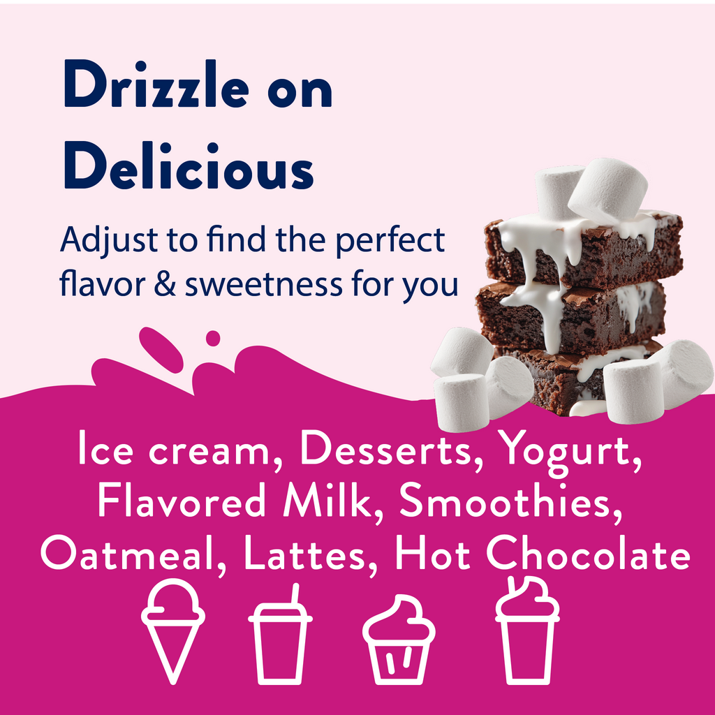 Product packaging with brownies drizzled with white sauce on a pink background, featuring text about flavor versatility.