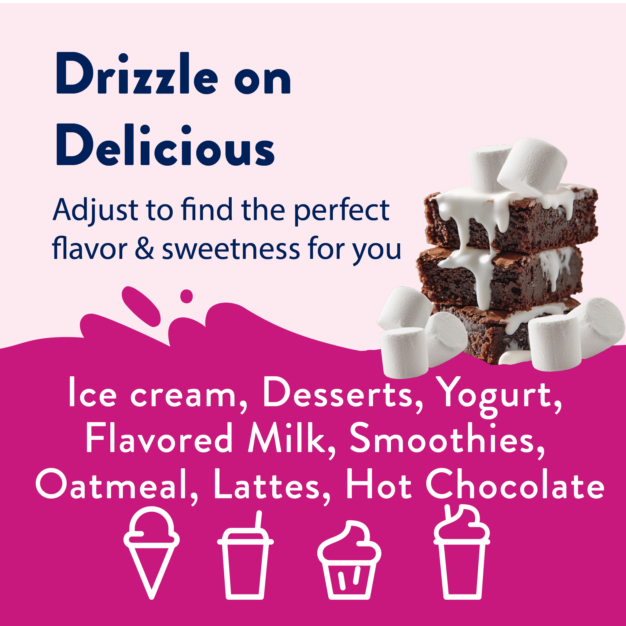 Product packaging with brownies drizzled with white sauce on a pink background, featuring text about flavor versatility.