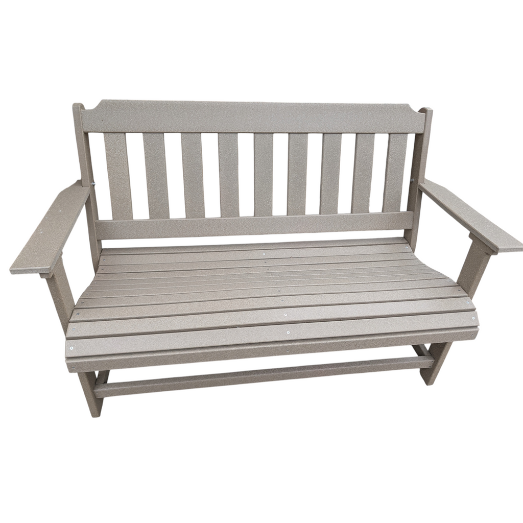 A poly park bench in the weathered wood color.