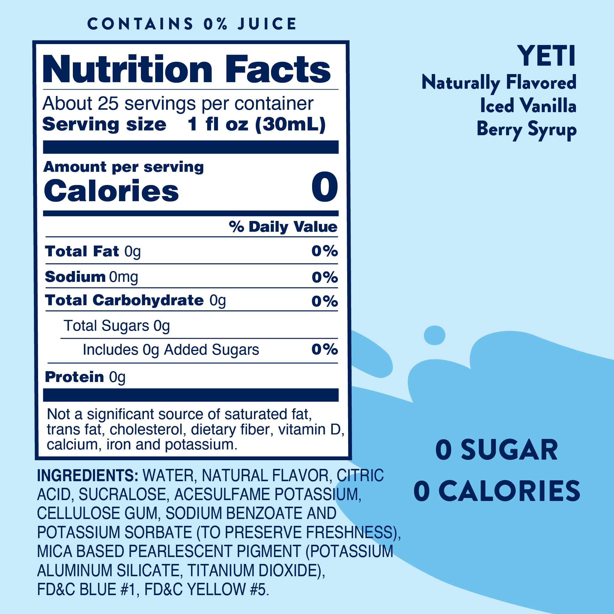 Nutrition facts label for a YETI flavored iced tea with blue background