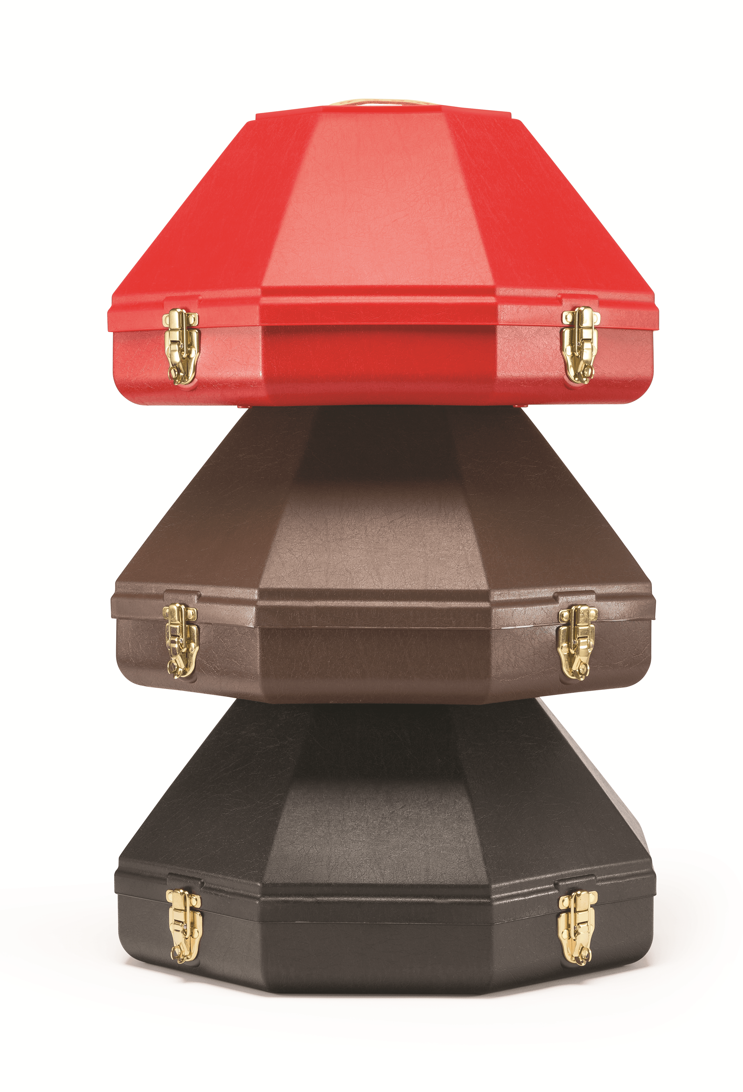 Three stacked suitcases in red, brown, and black on a white background