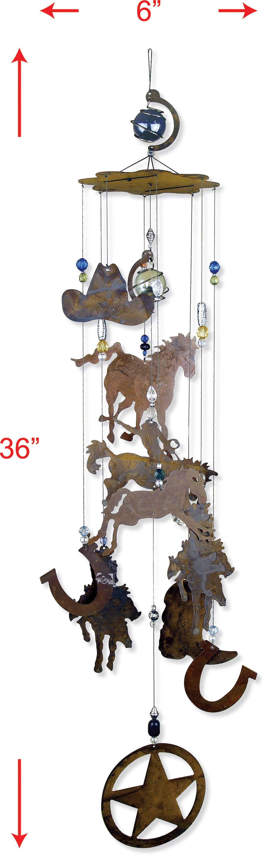 A rustic metal western wind chime with measurements.