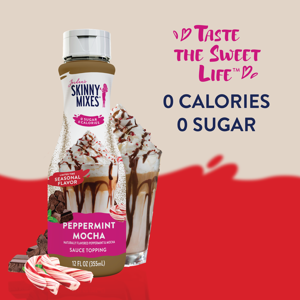 Skinny Mixes peppermint mocha sauce with a glass of ice cream and toppings on a red and beige background.