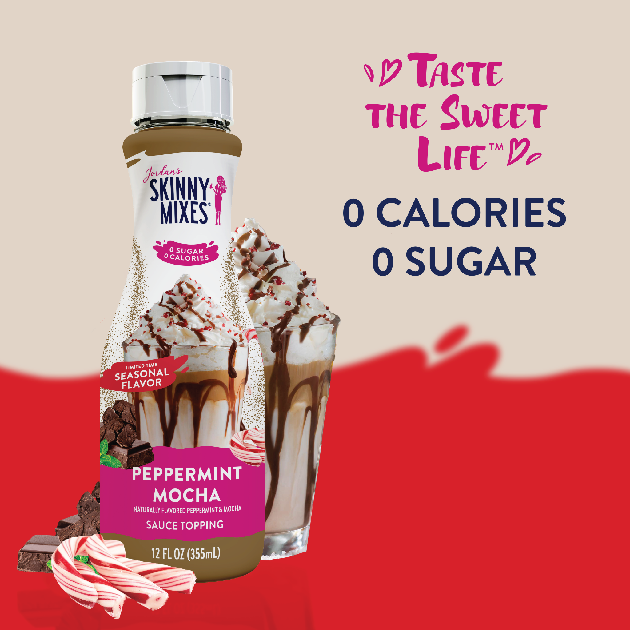 Skinny Mixes peppermint mocha sauce with a glass of ice cream and toppings on a red and beige background.