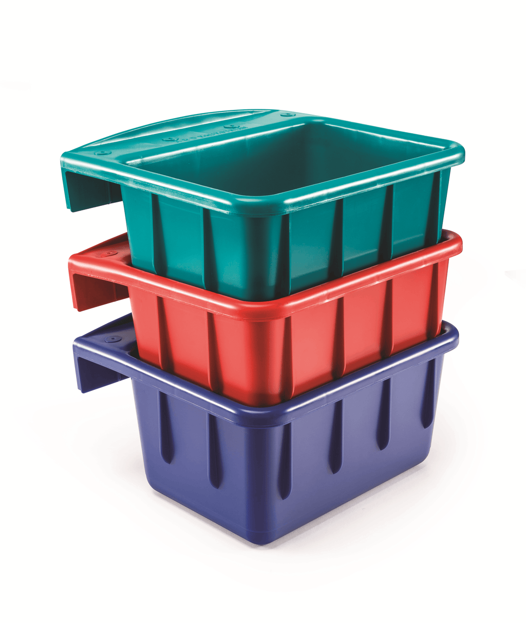 Stack of three colorful plastic storage bins on a white background