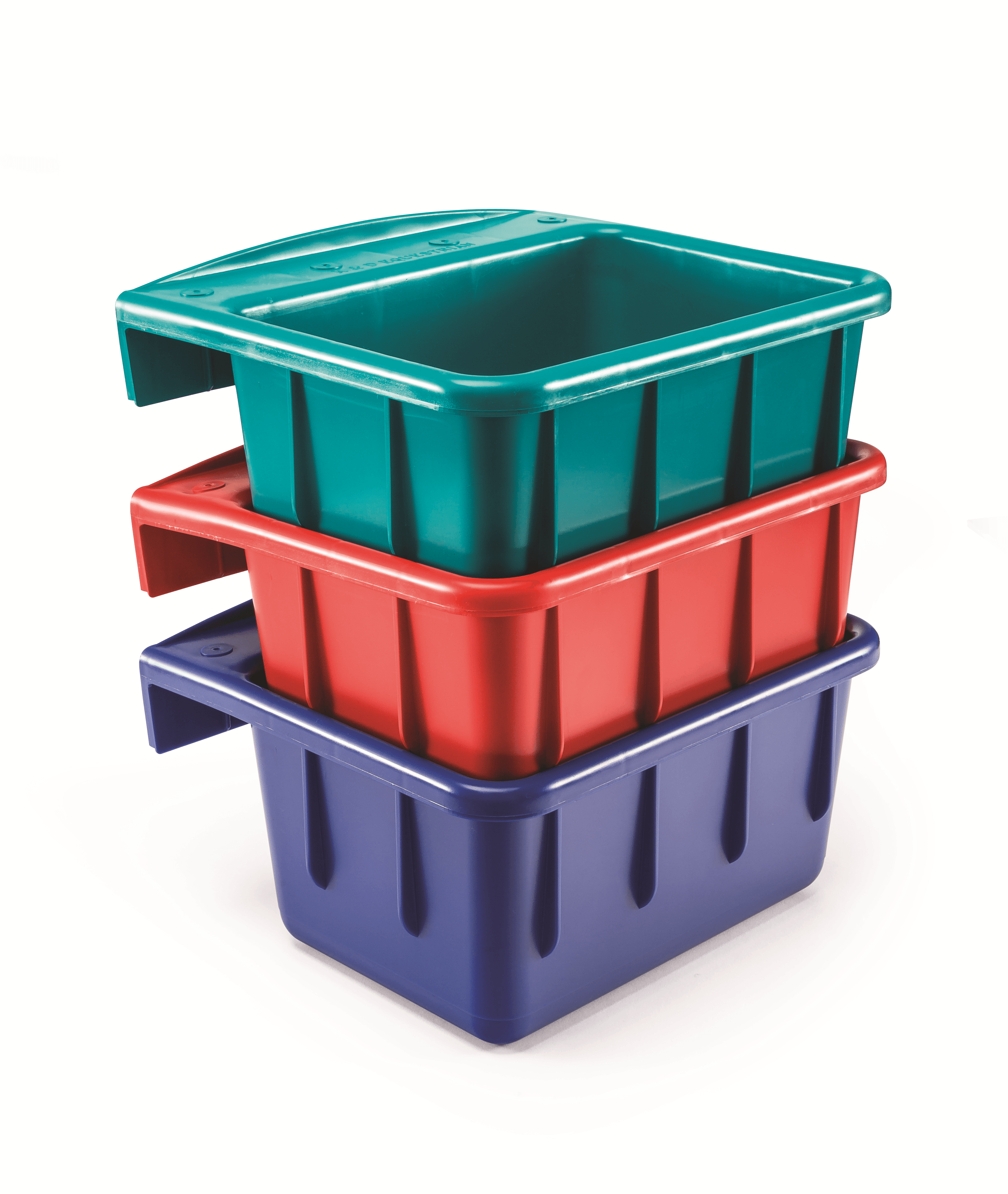 Stack of three colorful plastic storage bins on a white background