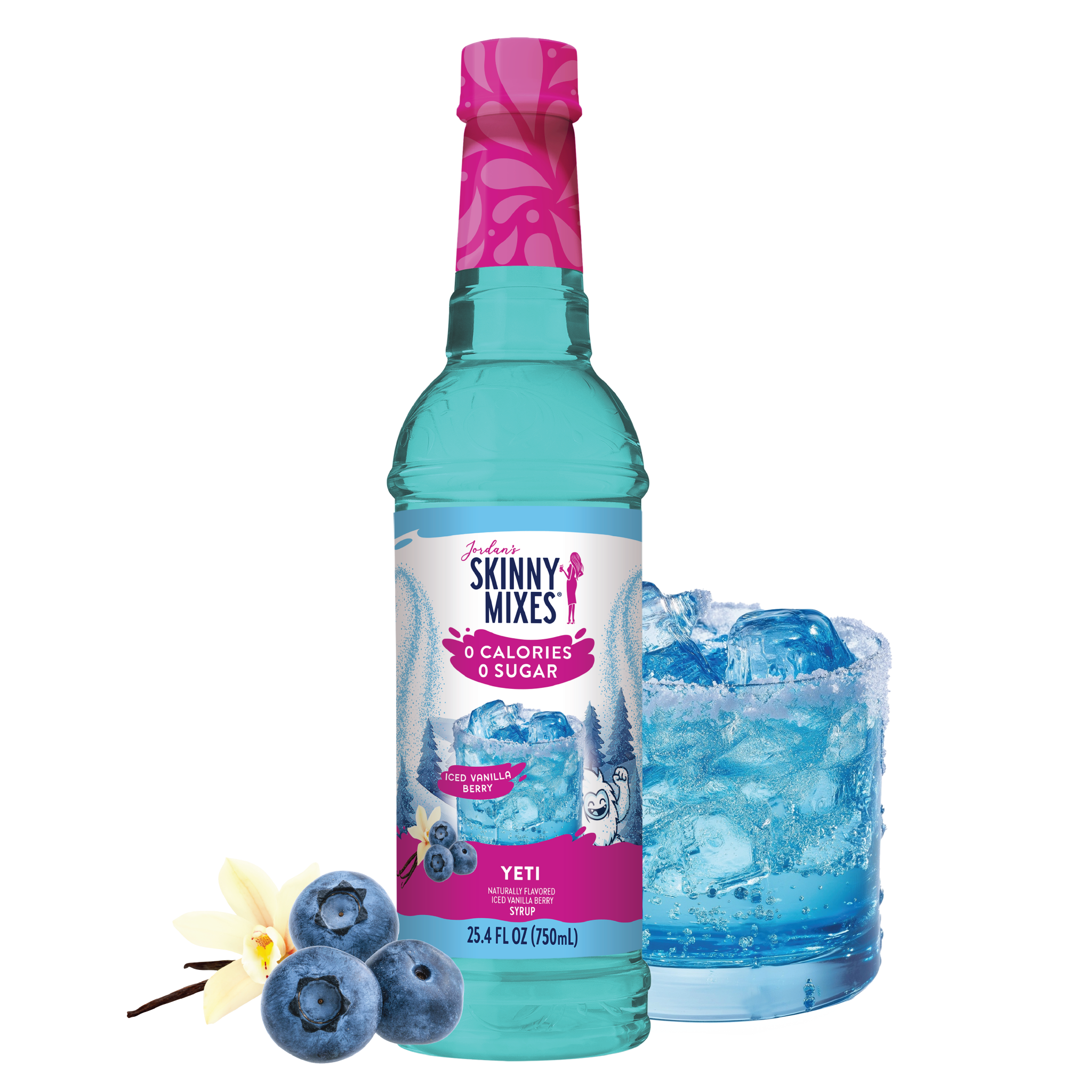 Bottle of Skinny Mixes with a pink cap, surrounded by blueberries and a glass of ice.