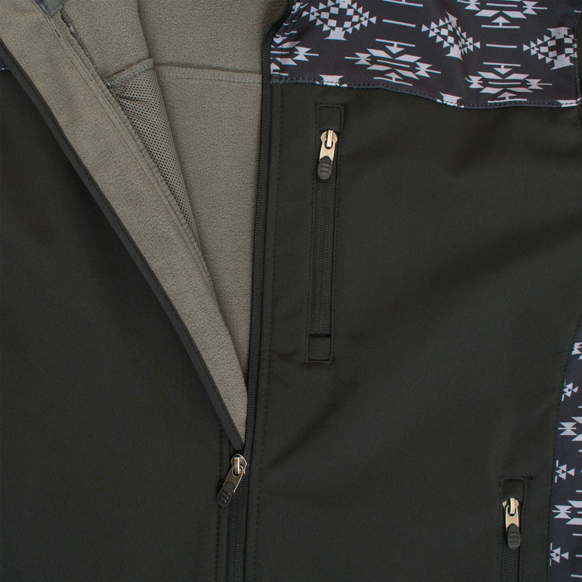 Close-up of a black jacket with patterned lining and zippers.