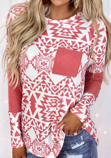Western Aztec Print Long Sleeve Top with Pocket – Pink & White -Large